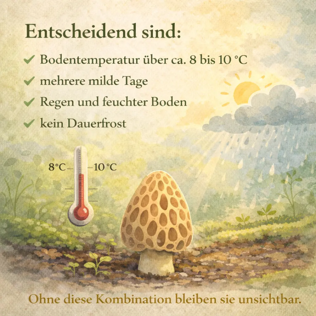 Morchel mit Thermometer im feuchten Waldboden im Frühling