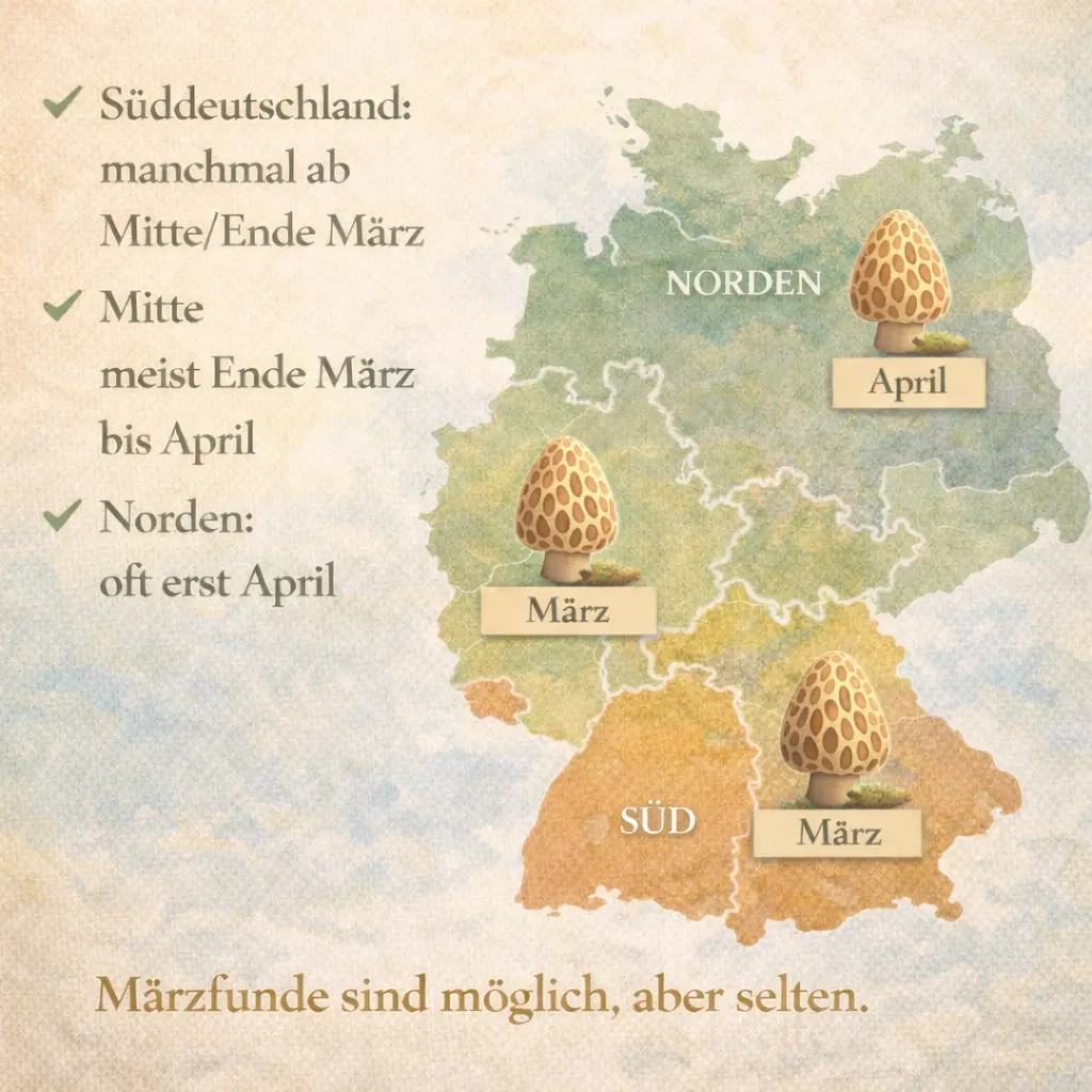 Deutschlandkarte mit regionalem Saisonbeginn für Morcheln
