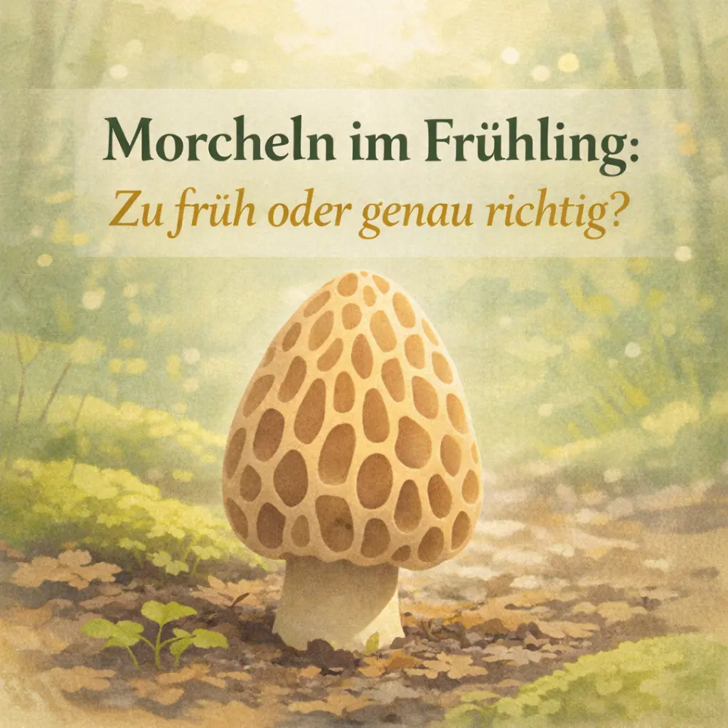 Morchel im lichten Frühlingswald mit warmem Sonnenlicht
