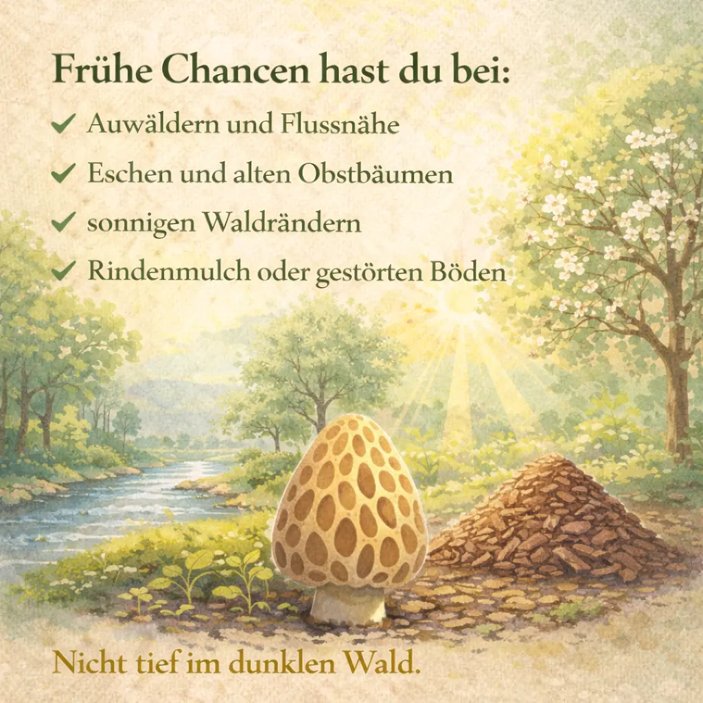 Morchel an Flussufer mit sonnigem Waldrand im Hintergrund