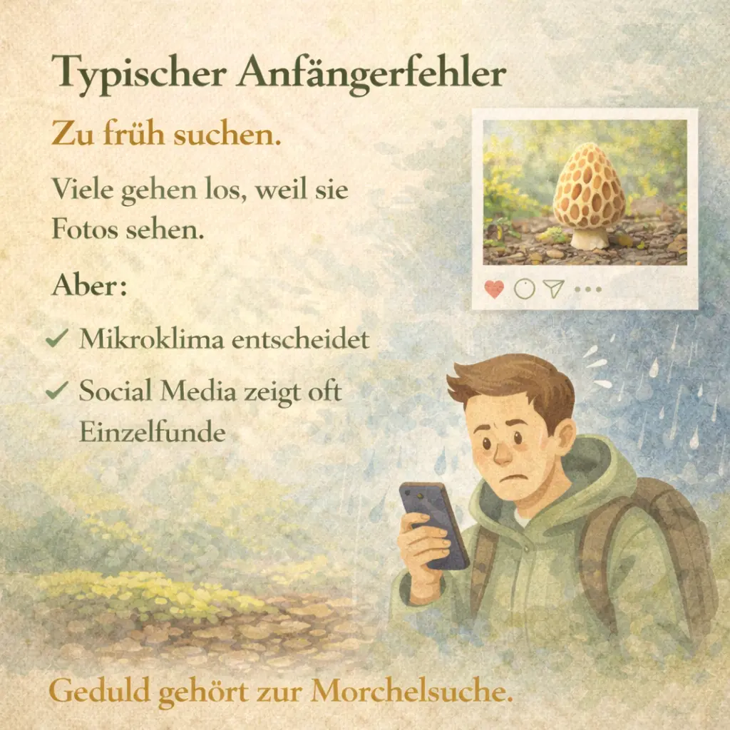 Wanderer schaut auf Smartphone während Morchel im Wald wächst