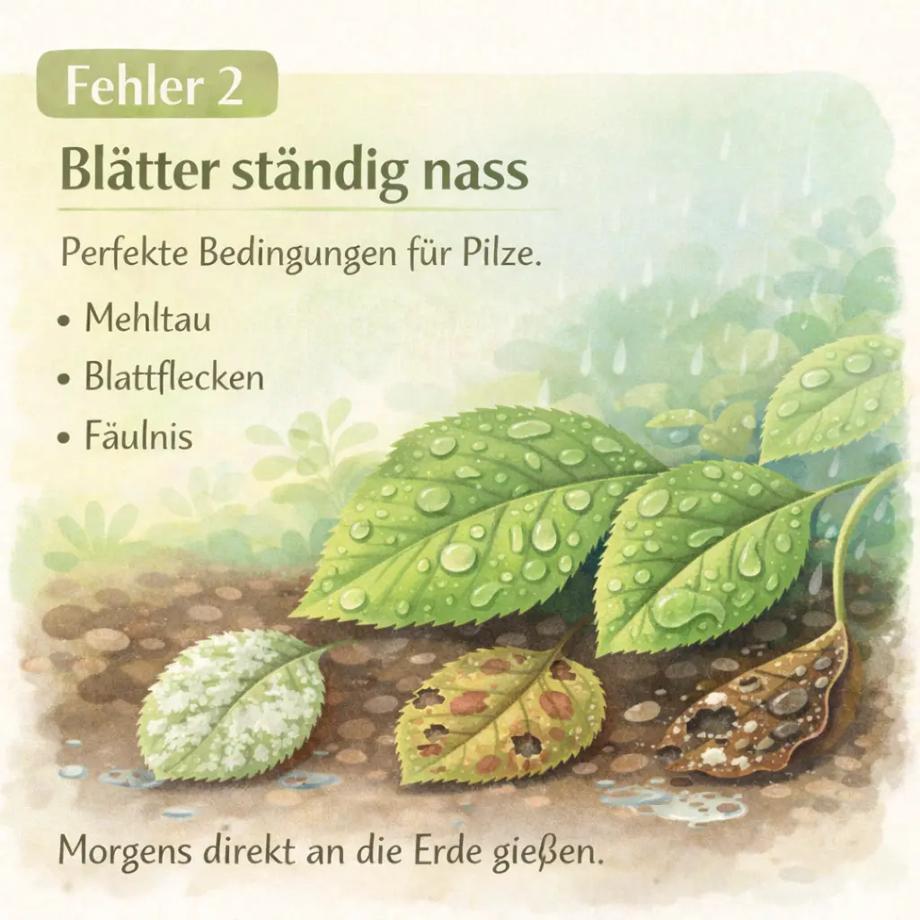 Nasse Pflanzenblätter mit ersten Anzeichen von Pilzbefall durch dauerhaft feuchte Bedingungen