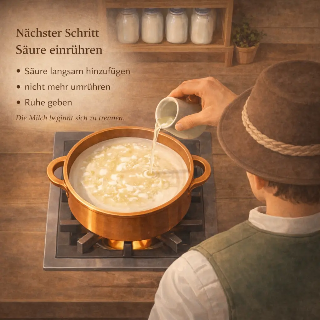 Säure wird langsam in warme Milch eingerührt