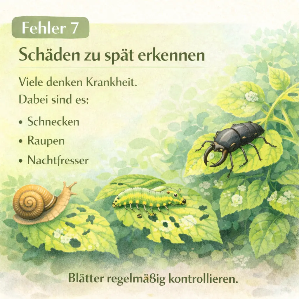 Blätter mit Fraßspuren durch Schnecken und Raupen als Beispiel für spät erkannte Pflanzenschäden