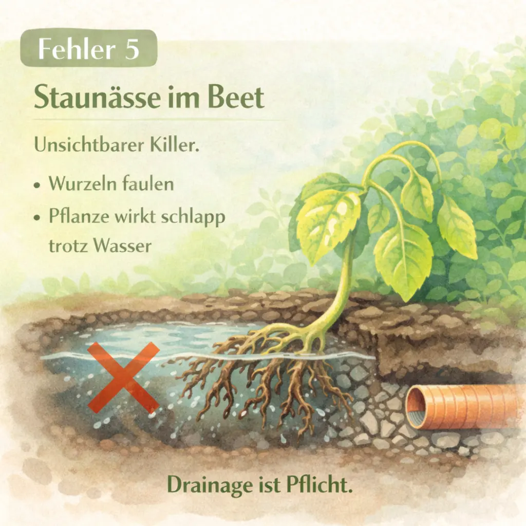 Pflanzenwurzel im stark vernässten Boden mit sichtbarer Staunässe und fehlender Drainage im Beet