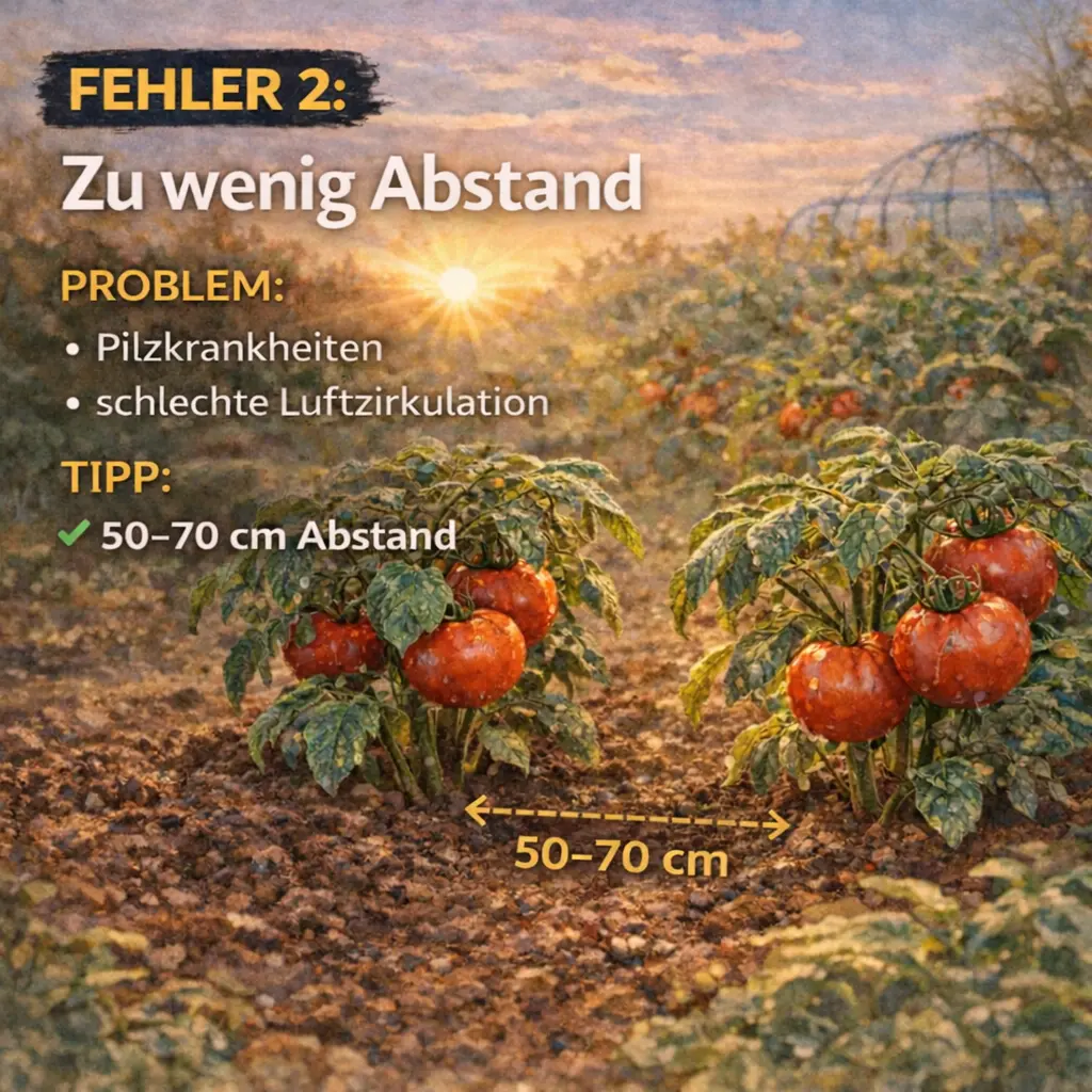 Tomatenpflanzen mit korrekt eingehaltenem Abstand im Beet