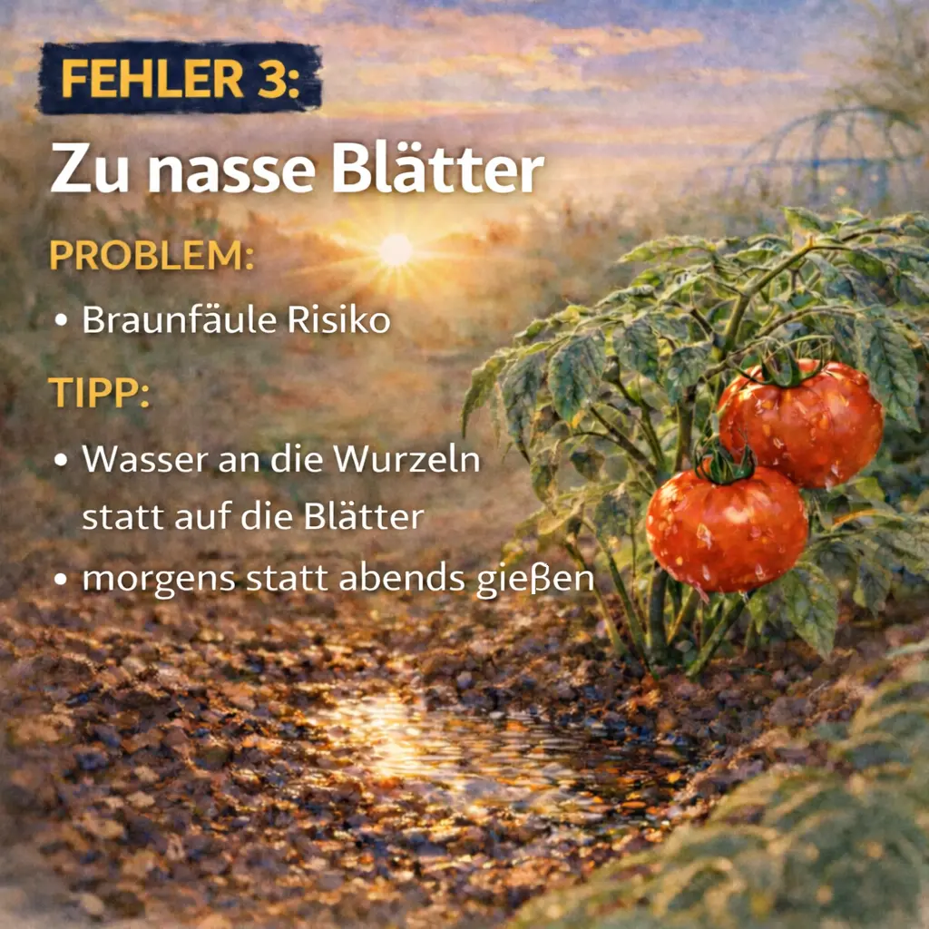 Tomatenpflanze mit feuchten Blättern und Wasser am Boden