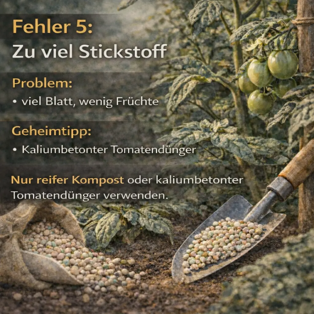 Tomatenpflanze mit Dünger und vielen Blättern