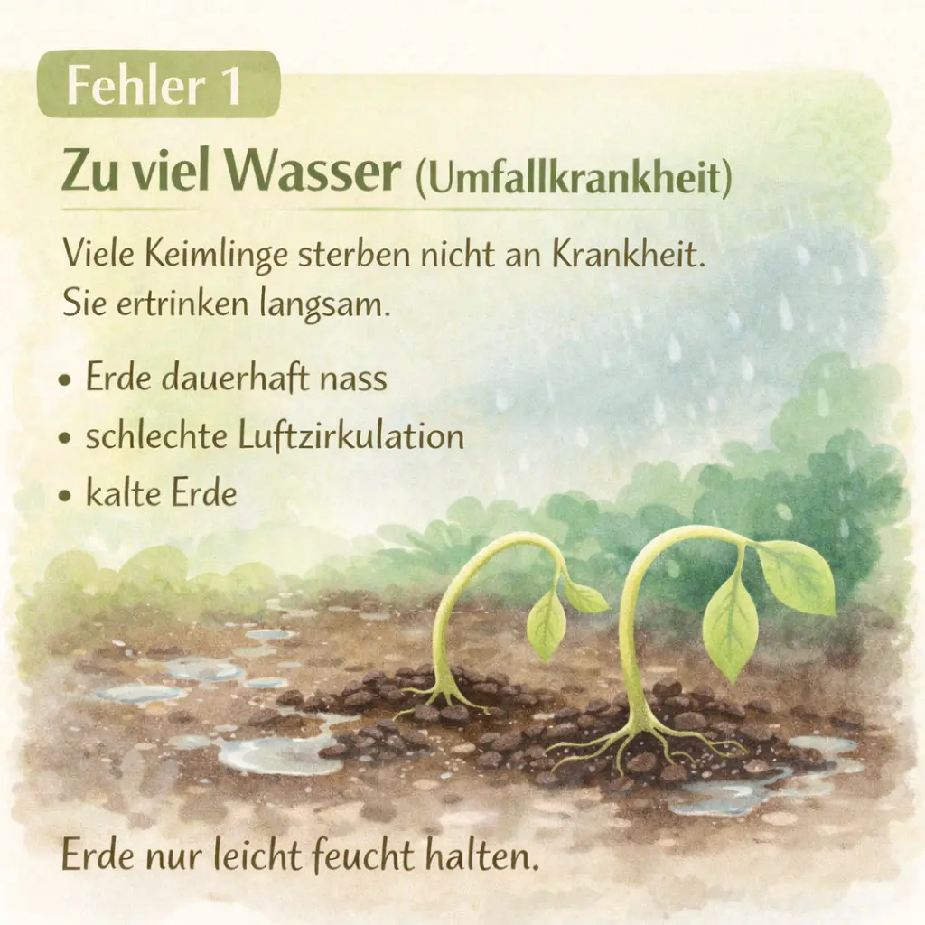 Keimlinge in stark durchnässter Erde mit geschwächten Wurzeln als Folge von Überwässerung im Garten