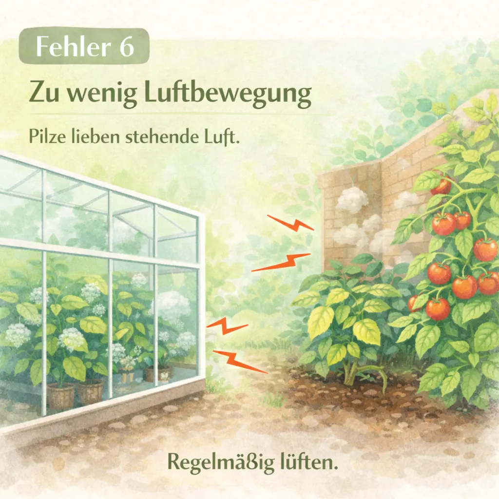 Gewächshaus und dicht bepflanztes Beet mit eingeschränkter Luftzirkulation