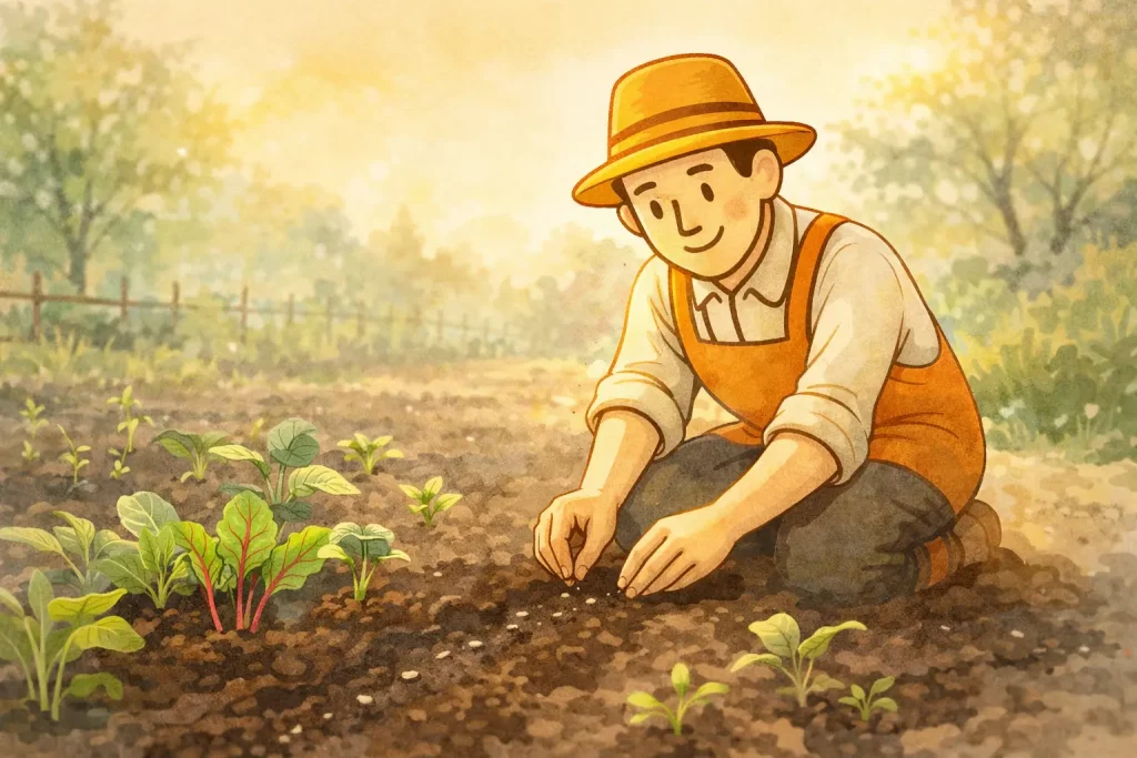 Aussaat im April im Garten mit jungen Pflanzen