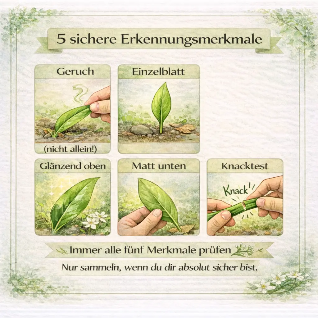 Infografik mit fünf sicheren Merkmalen zur Bestimmung von Bärlauch.