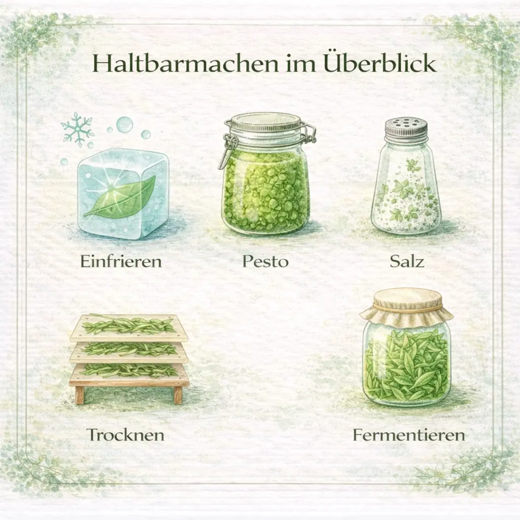 Infografik zeigt Methoden um Bärlauch haltbar zu machen wie Einfrieren, Pesto, Salz, Trocknen und Fermentieren.