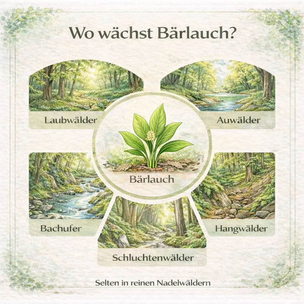 Infografik zeigt typische Standorte von Bärlauch wie Laubwälder, Auwälder und Bachufer.