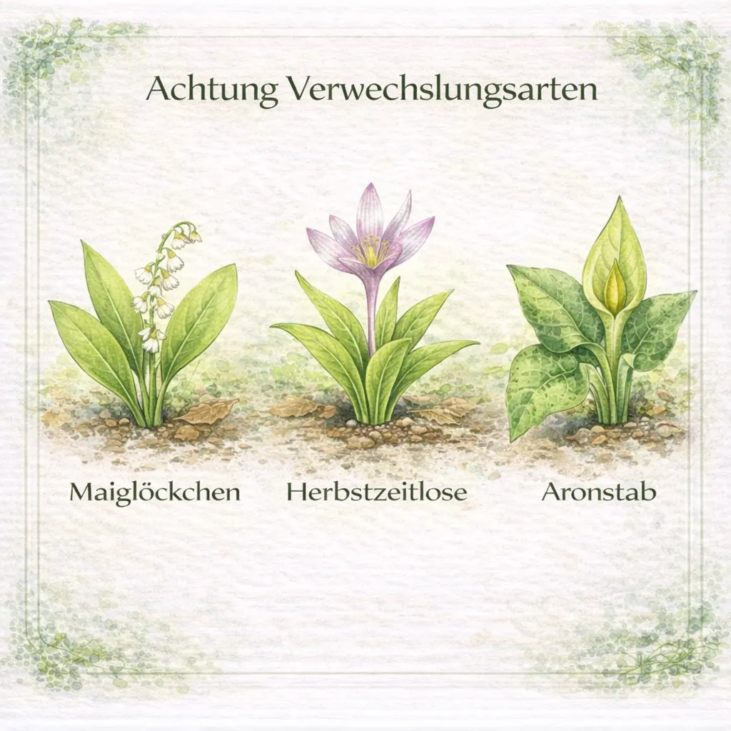 Illustration zeigt giftige Doppelgänger von Bärlauch wie Maiglöckchen, Herbstzeitlose und Aronstab.