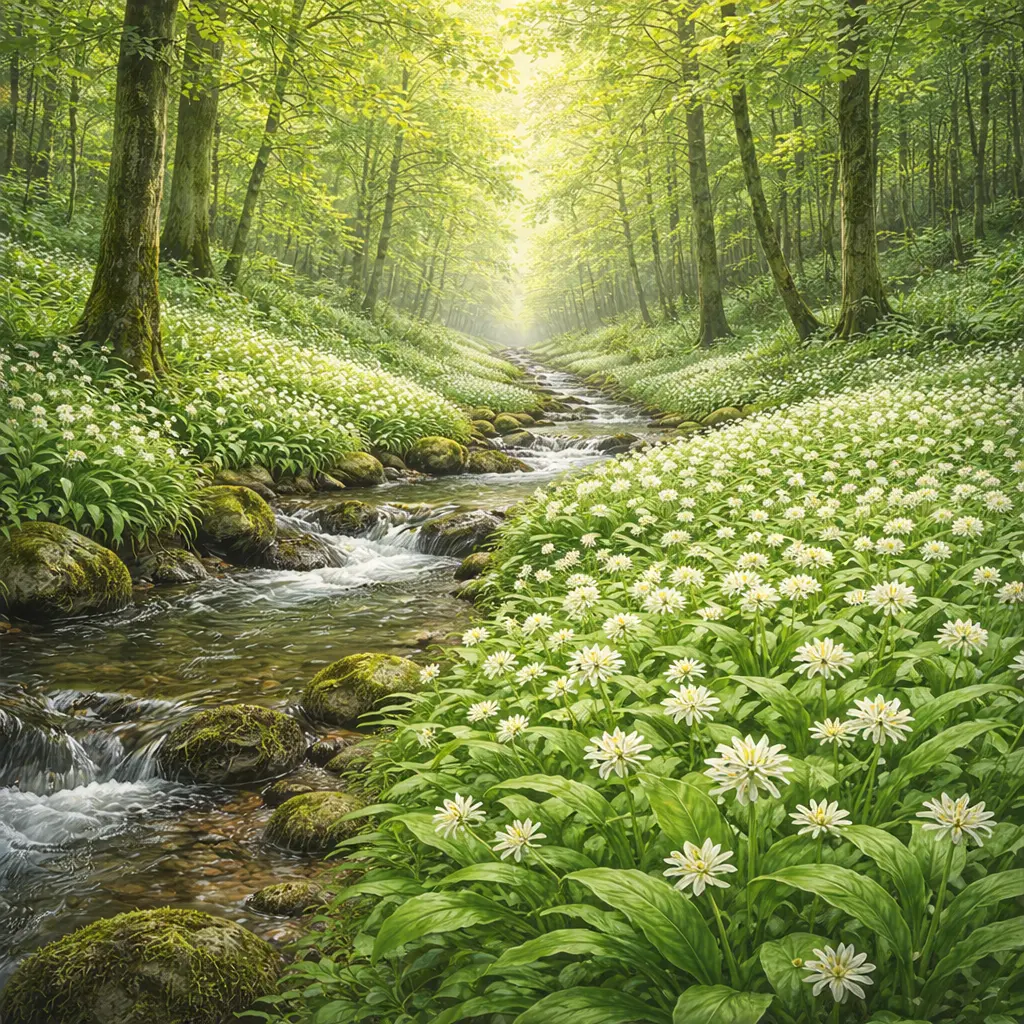 Bärlauch sammeln im Frühling in einem feuchten Laubwald entlang eines Bachlaufs mit dichtem Bärlauchteppich.