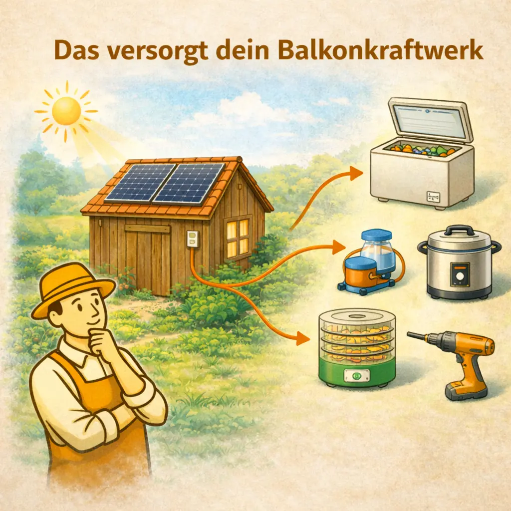 Balkonkraftwerk versorgt Gefriertruhe Pumpe Einkochautomat Dörrgerät und Werkzeug