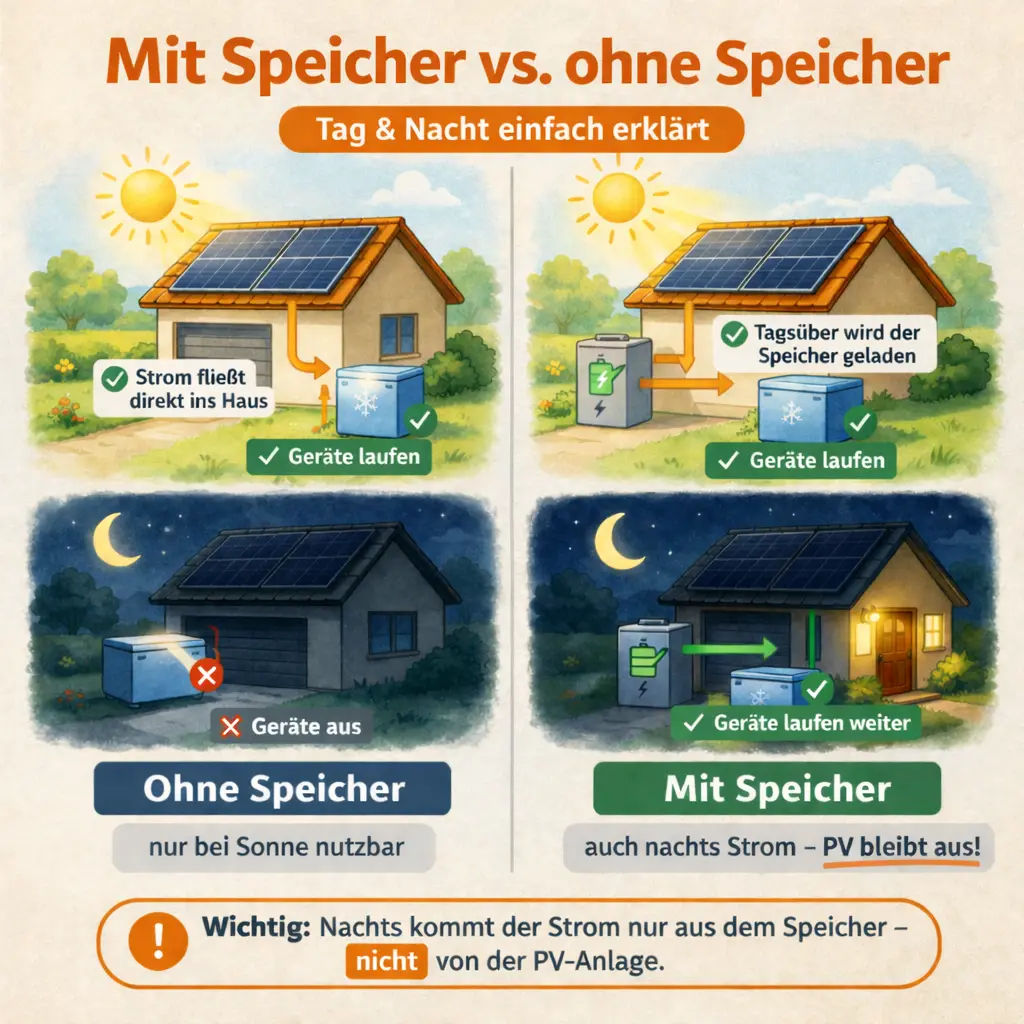 Vergleich Balkonkraftwerk mit und ohne Speicher bei Tag und Nacht