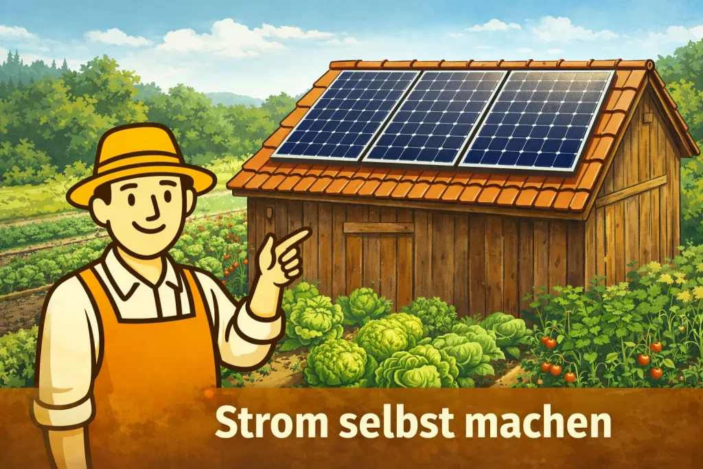 Balkonkraftwerk auf Schuppendach im Selbstversorgergarten erzeugt eigenen Strom