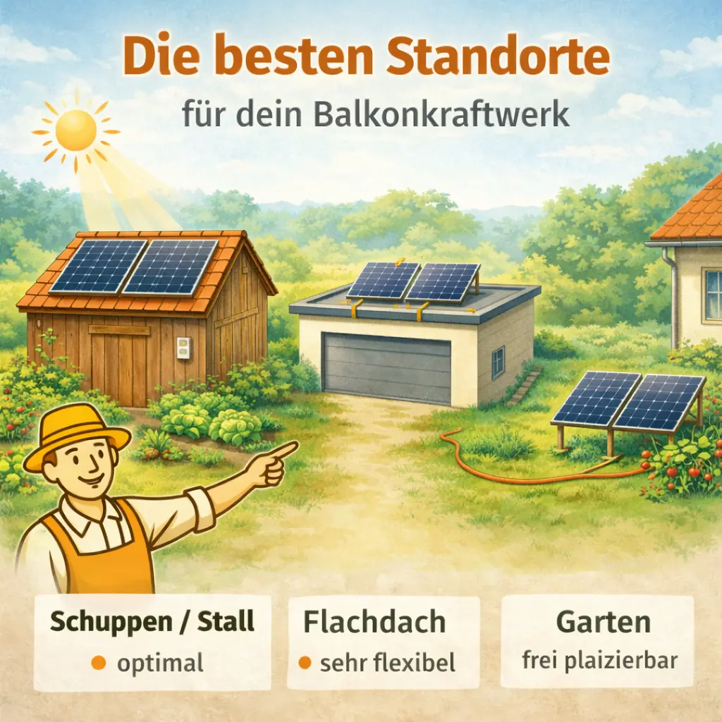 Verschiedene Standorte für ein Balkonkraftwerk im Garten und auf Gebäuden