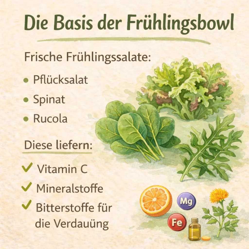 Frühlingssalate für eine Frühlingsbowl mit Pflücksalat, Spinat und Rucola