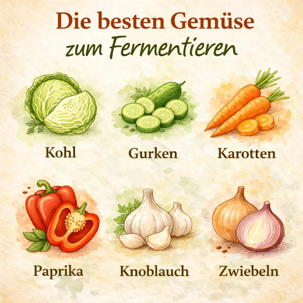Infografik mit fermentierbaren Gemüsesorten wie Kohl, Gurken, Karotten, Paprika, Knoblauch und Zwiebeln