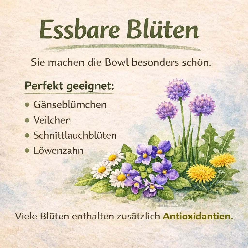 Essbare Blüten für eine Frühlingsbowl mit Gänseblümchen und Veilchen