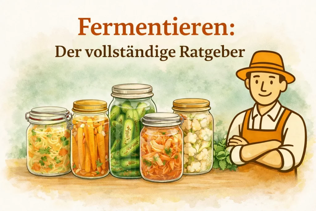 Verschiedene Gläser mit fermentiertem Gemüse wie Gurken, Karotten und Kohl als Illustration zum Fermentieren Ratgeber
