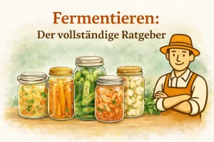 Verschiedene Gläser mit fermentiertem Gemüse wie Gurken, Karotten und Kohl als Illustration zum Fermentieren Ratgeber