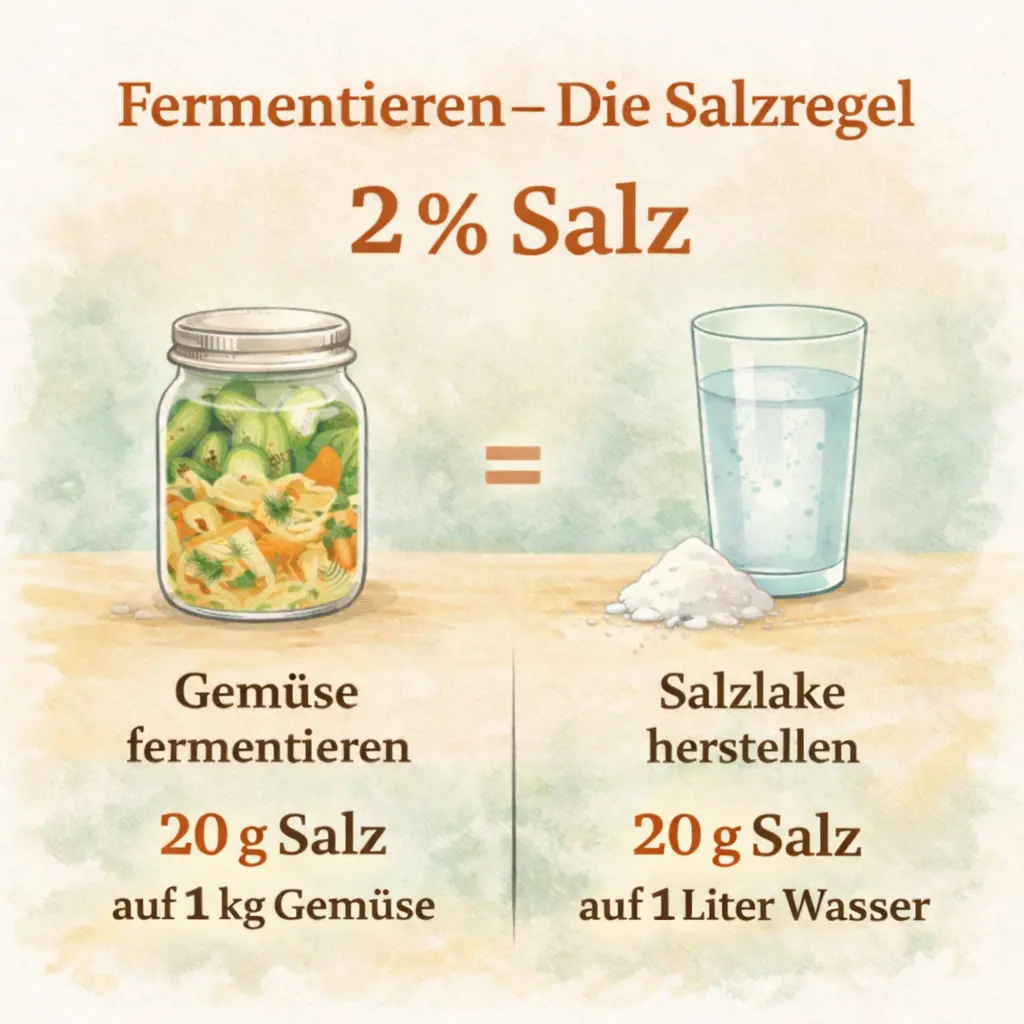 Infografik zur 2 Prozent Salzregel beim Fermentieren mit 20 Gramm Salz pro Kilogramm Gemüse oder pro Liter Wasser