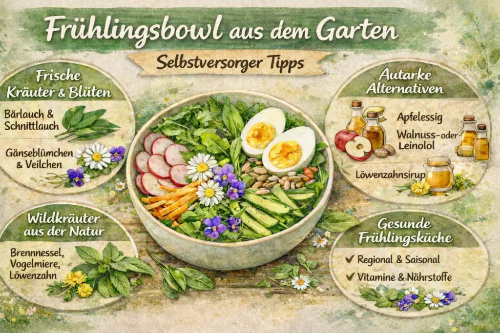 Frühlingsbowl mit Wildkräutern, Blüten und frischem Gemüse aus dem Garten