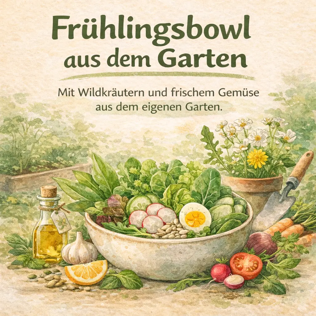 Frühlingsbowl mit Wildkräutern und Gemüse aus dem Garten