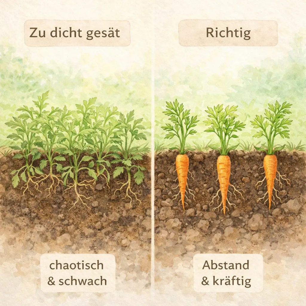 Gemüse zu dicht gesät vs richtiger Abstand