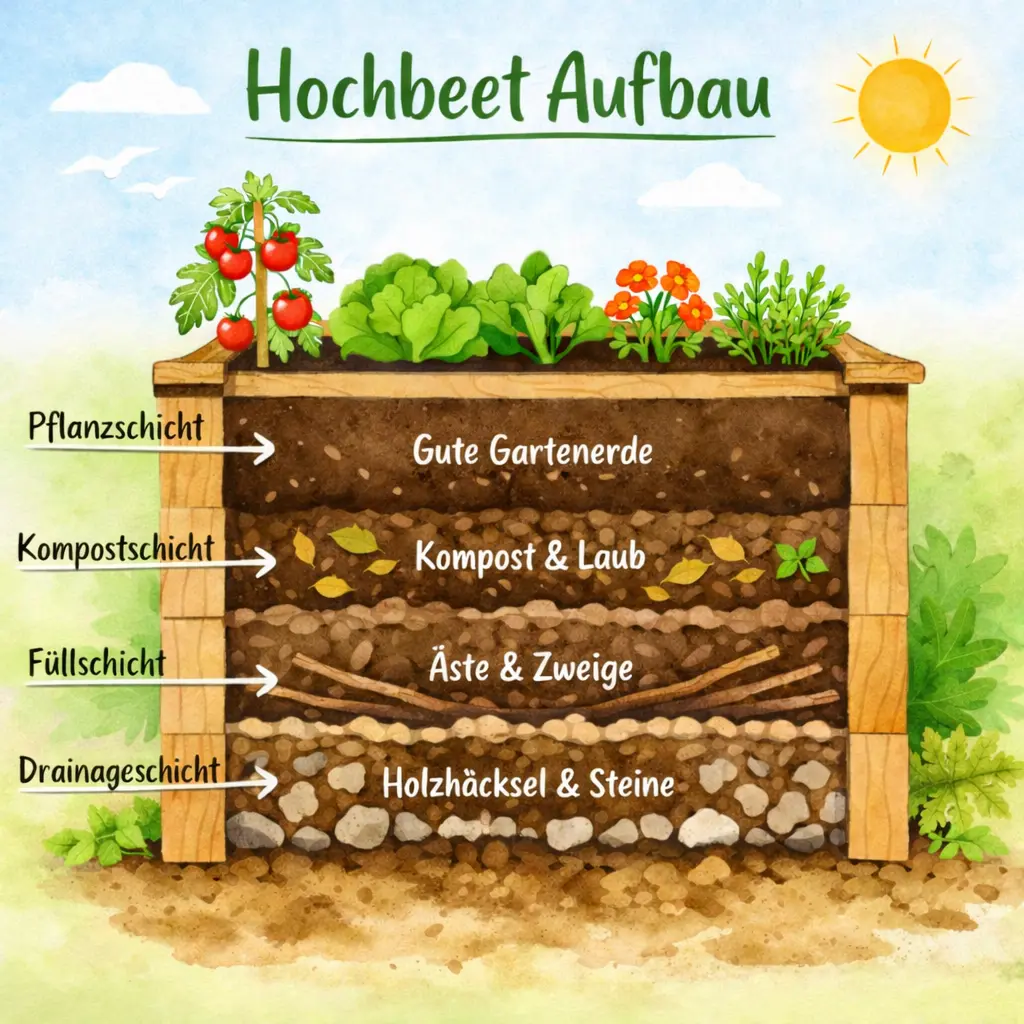 Aufbau eines Hochbeets mit Schichten
