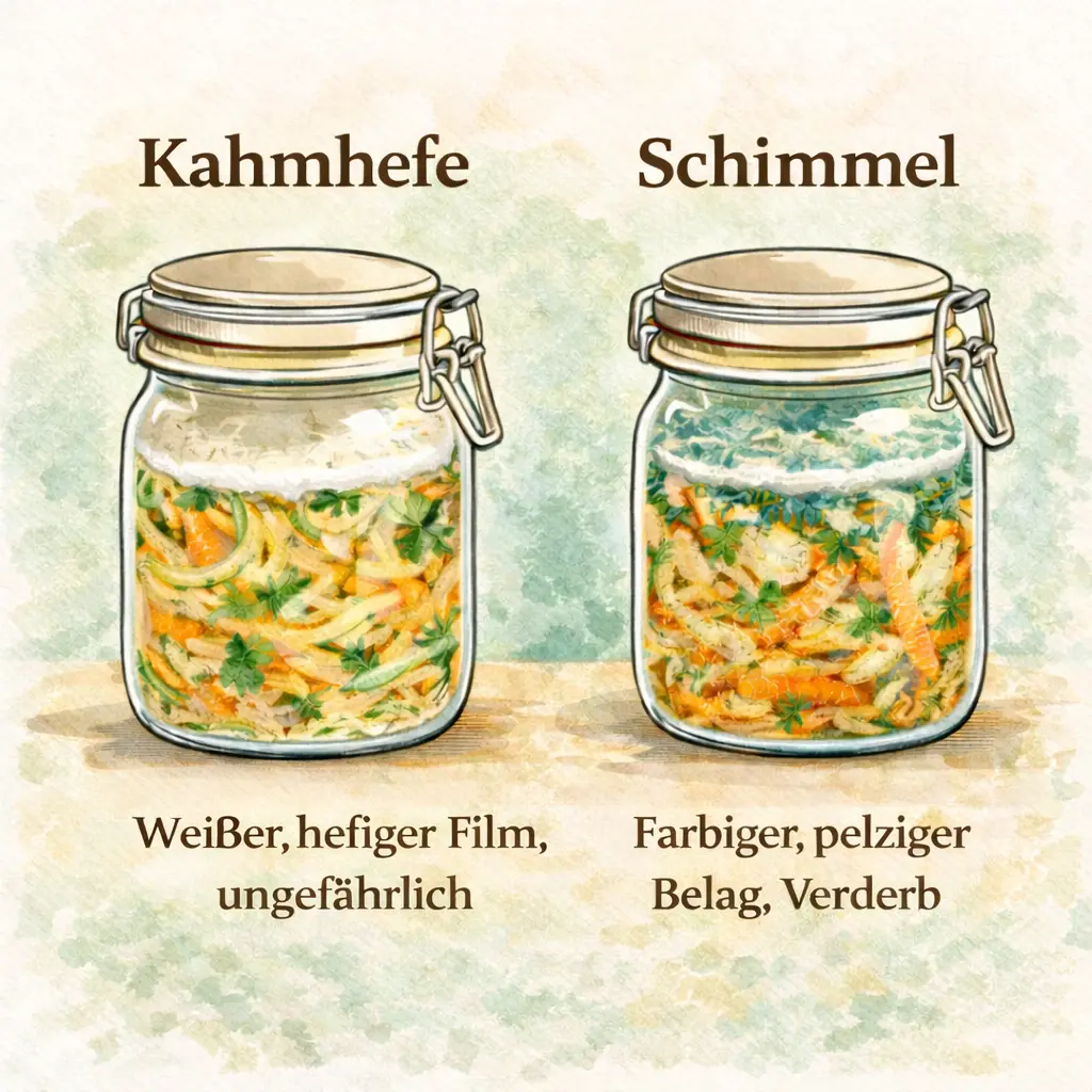 Vergleich von Kahmhefe und Schimmel in fermentiertem Gemüse im Glas zur sicheren Erkennung beim Fermentieren