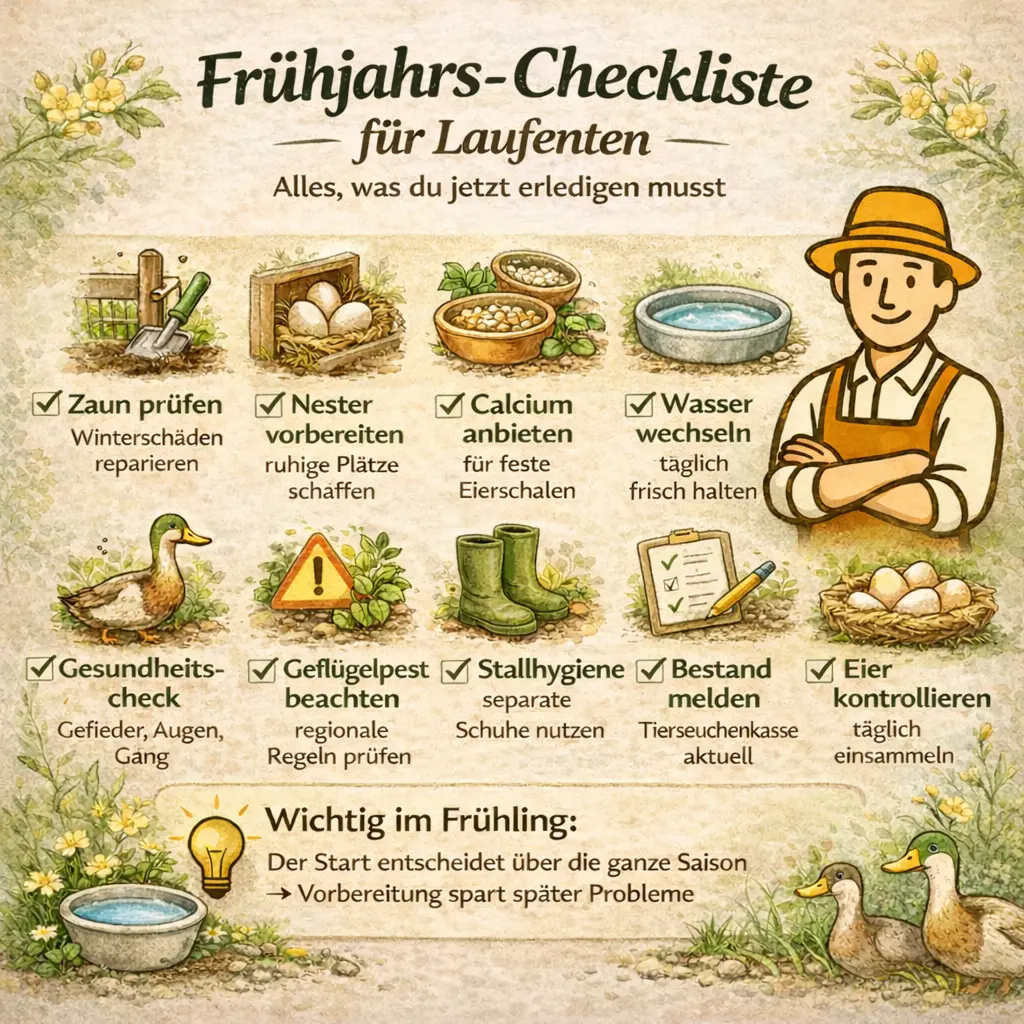Infografik mit Checkliste für Laufenten im Frühling mit Tipps zu Zaun, Futter, Wasser und Gesundheit