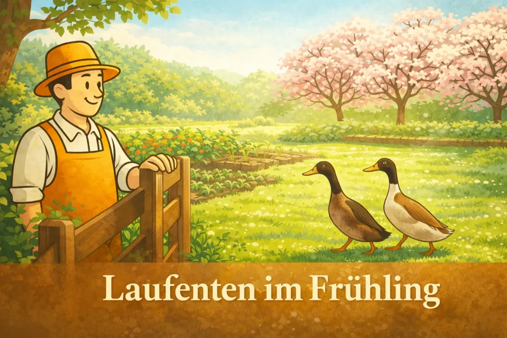 Laufenten im Frühling im Garten zwischen Gemüsebeeten mit blühenden Bäumen und Selbstversorger-Maskottchen