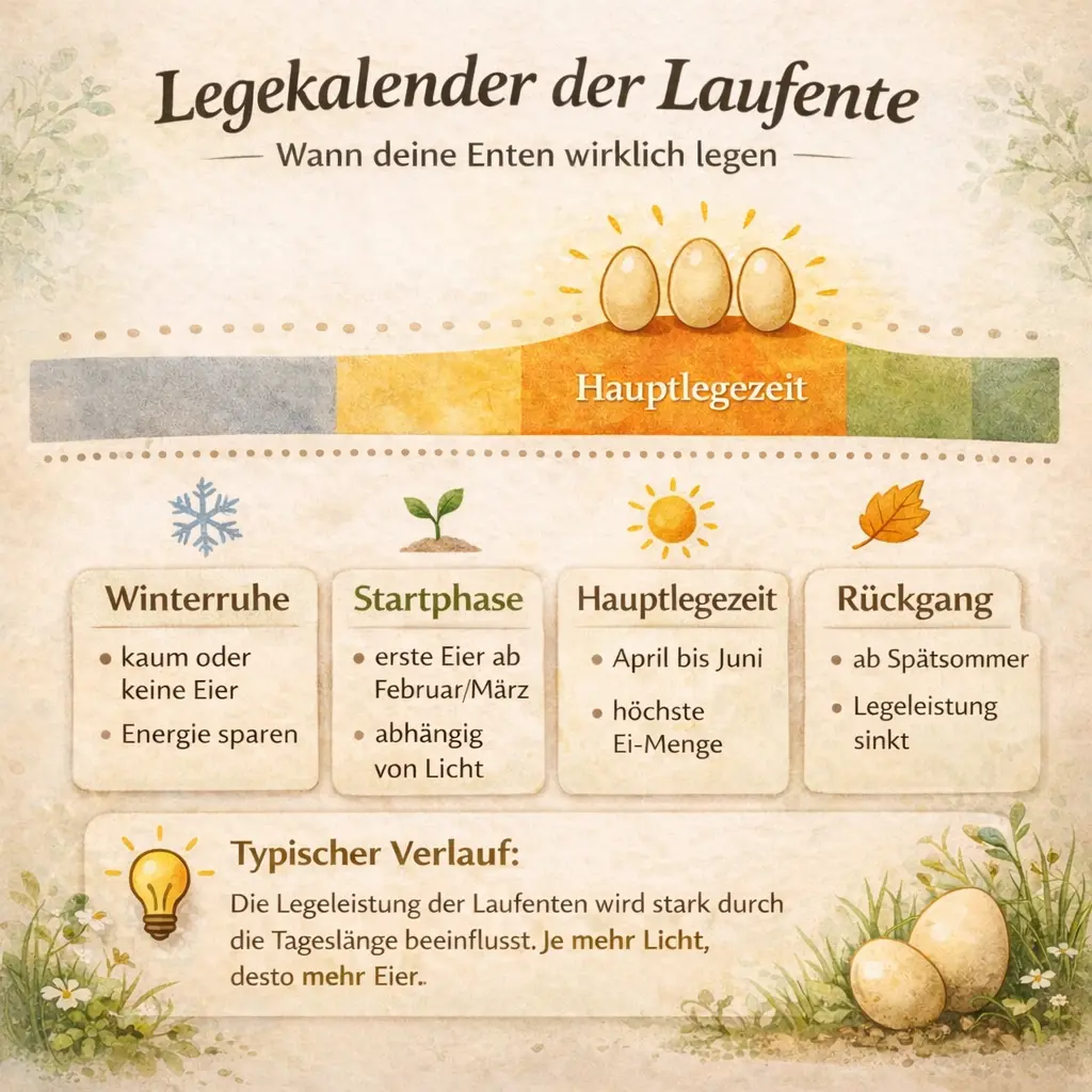Übersicht Legekalender von Laufenten zeigt Hauptlegezeit und saisonalen Verlauf der Eiablage