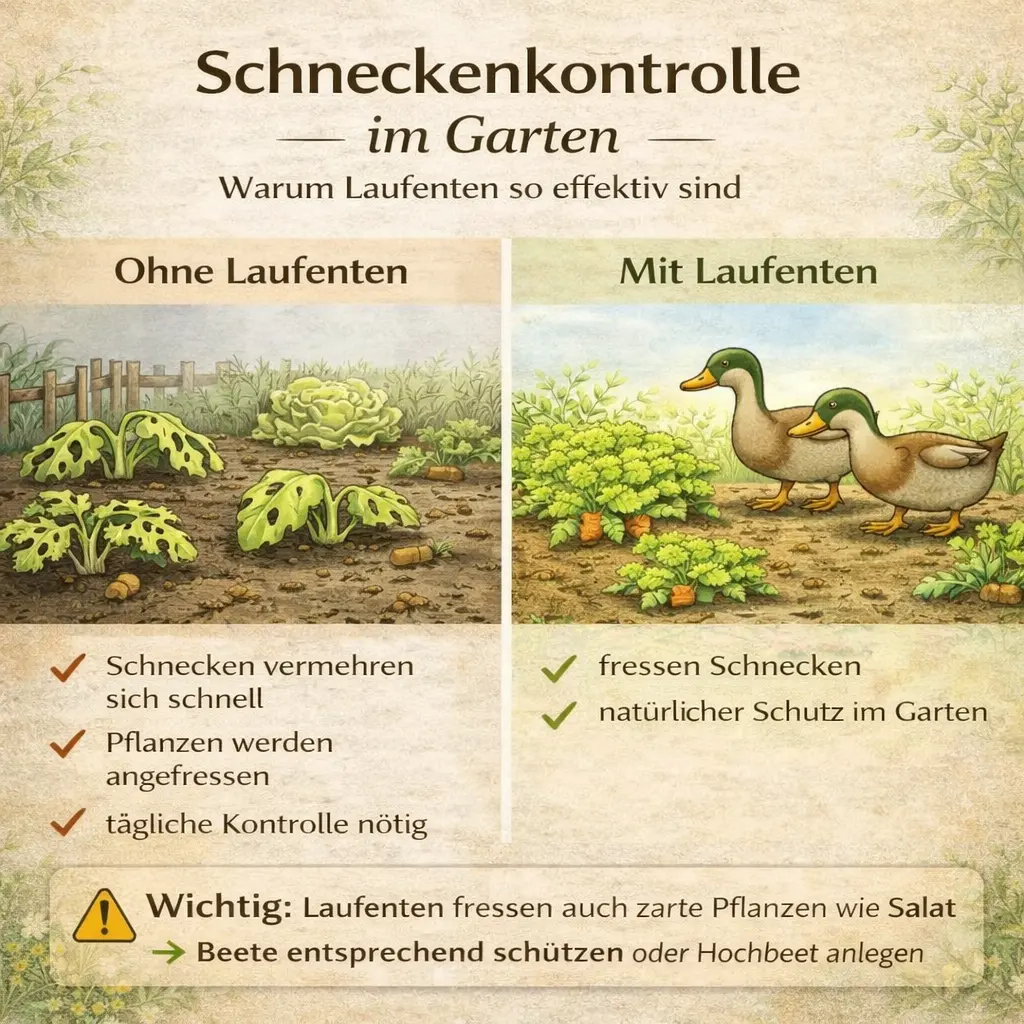 Vergleich Garten ohne und mit Laufenten zeigt natürlichen Schutz vor Schnecken und gesunde Pflanzen