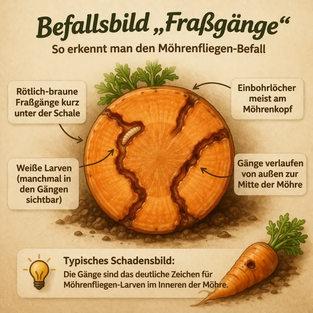 Typisches Schadbild: Querschnitt einer Möhre mit rötlich-braunen Fraßgängen durch Möhrenfliegen-Larven