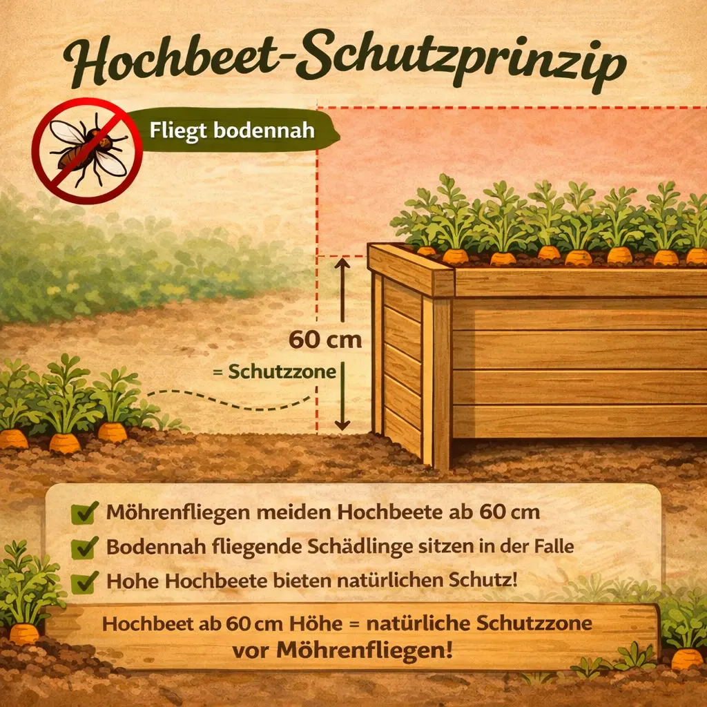 Hochbeet-Schutzprinzip: Die Möhrenfliege fliegt bodennah – ab etwa 60 cm Höhe entsteht eine natürliche Schutzzone.