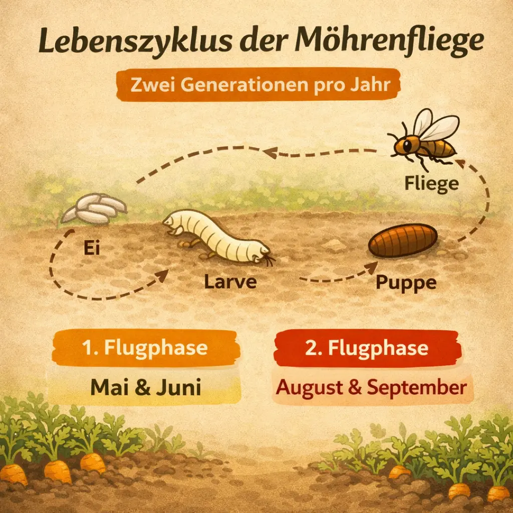Lebenszyklus der Möhrenfliege: Ei, Larve, Puppe, Fliege – zwei Generationen Mai/Juni und August/September