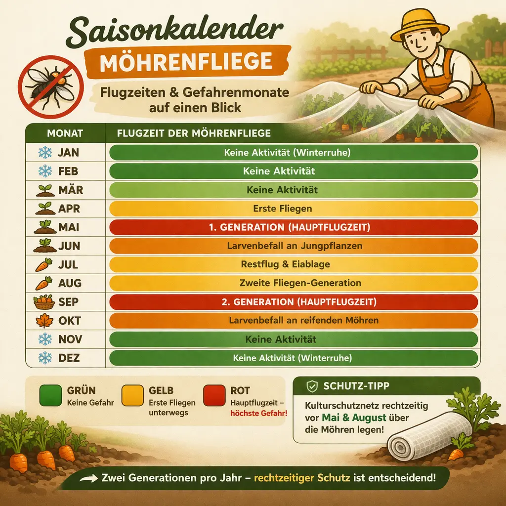 Saisonkalender der Möhrenfliege mit Flugzeiten und typischen Gefahrenmonaten im Jahresverlauf