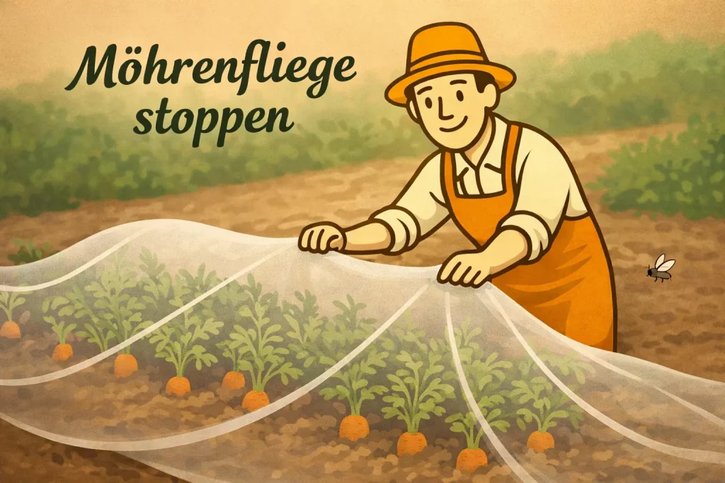 Gärtner legt Kulturschutznetz über Möhrenbeet zum Schutz vor der Möhrenfliege