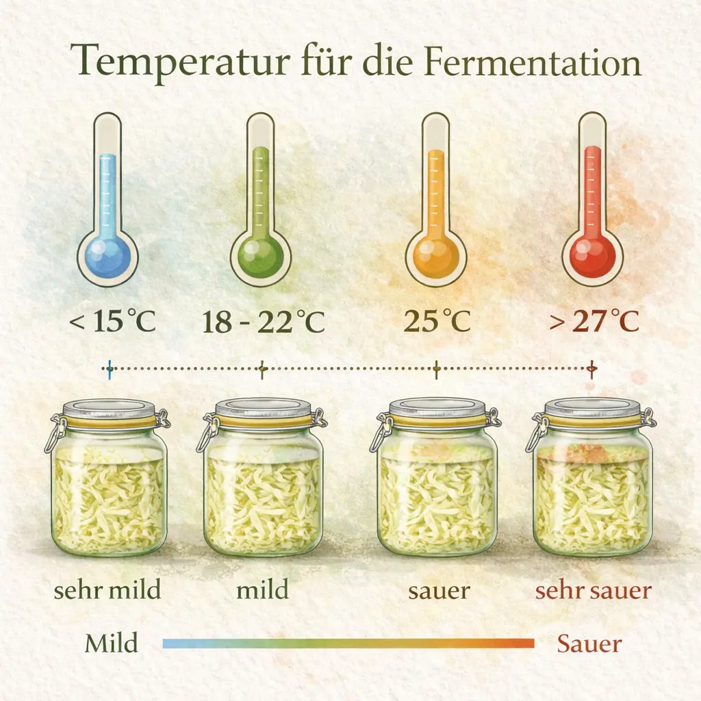 Infografik zur Fermentationstemperatur von Sauerkraut von mild bis sehr sauer