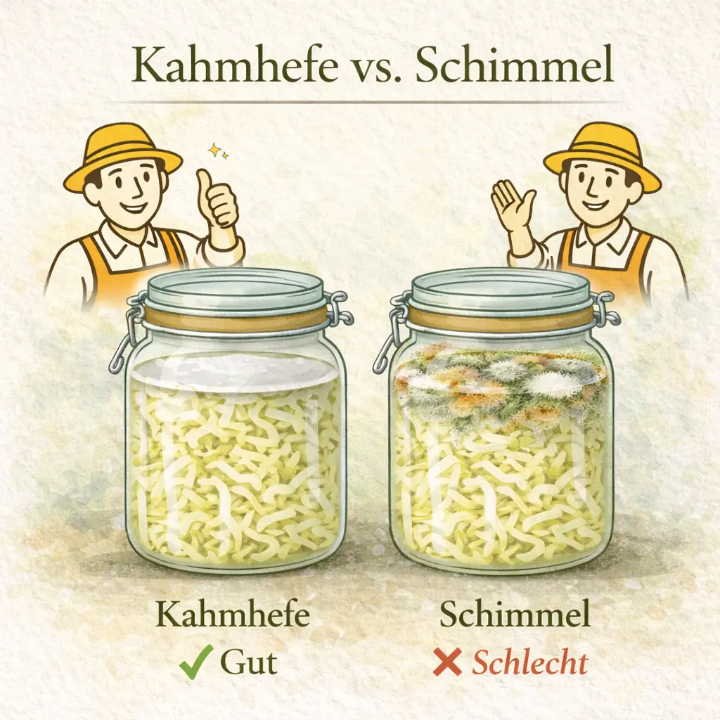 Vergleich von Kahmhefe und Schimmel im Sauerkraut mit Beispielgläsern