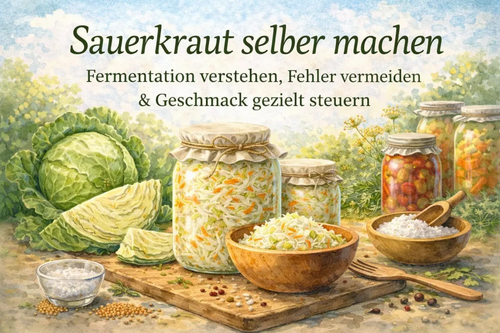 Sauerkraut selber machen – fermentierter Weißkohl im Glas mit frischem Kohl und Salz