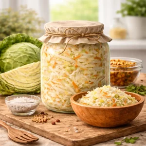 Sauerkraut selber machen – frisch fermentiertes Sauerkraut im Glas mit Weißkohl und Salz