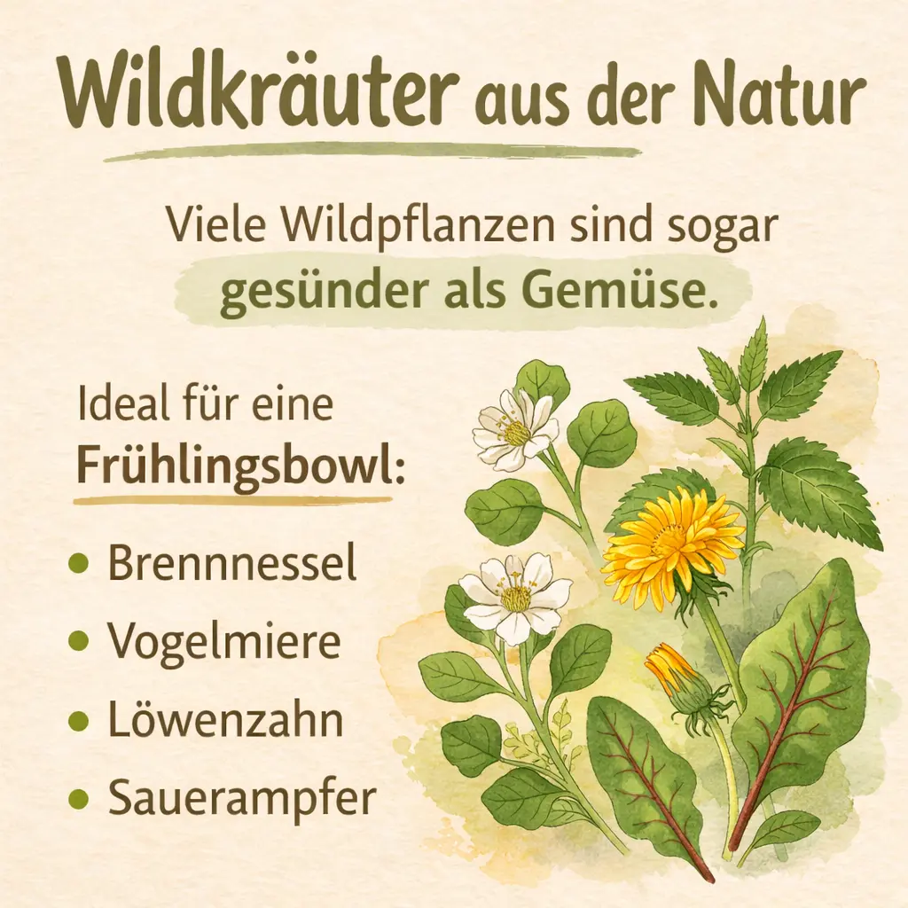Wildkräuter für eine Frühlingsbowl mit Brennnessel, Vogelmiere und Löwenzahn