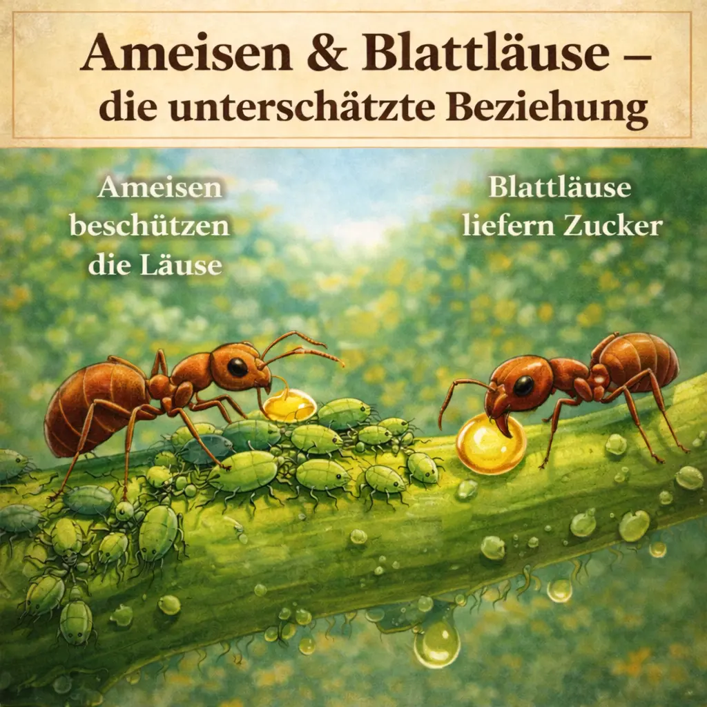 Ameisen schützen Blattläuse und sammeln Honigtau im Garten